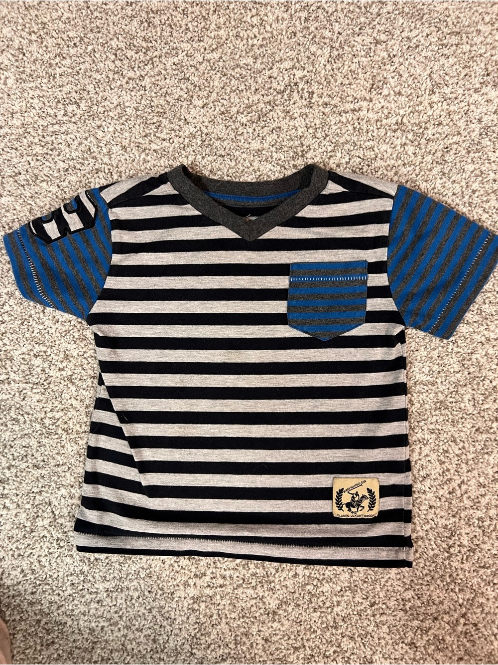 Beverly Hills Polo Club Black, Gray & Blue Striped Short Sleeve Tee